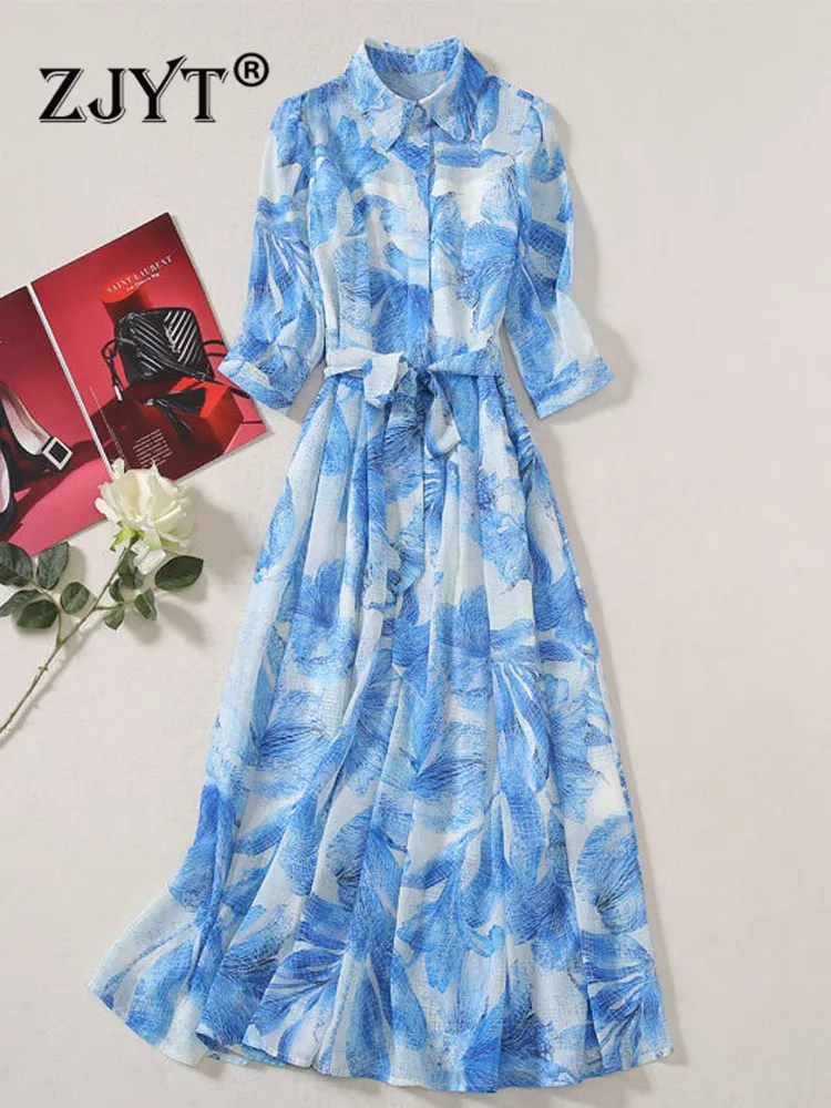 

ZJYT Fashion Blue Print Summer Shirt Dresses for Women Designer Runway Midi Holiday Vestidos Casual Three Quarter Sleeve Robes