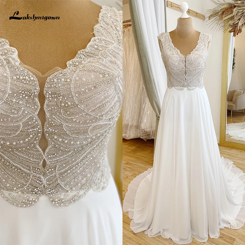 

Exquisite A-Line Wedding Dresses Custom For Women Boho V-neck Beading Top Sexy Backless Button Chiffon Bridal Gown Sweep vestido