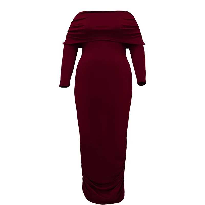 Plus Size Fashion Women Clothing Solid Color One Word Collar Bag Hip Maxi Dress Streetwear Shirring Long Sleeve Knitted Dresses
