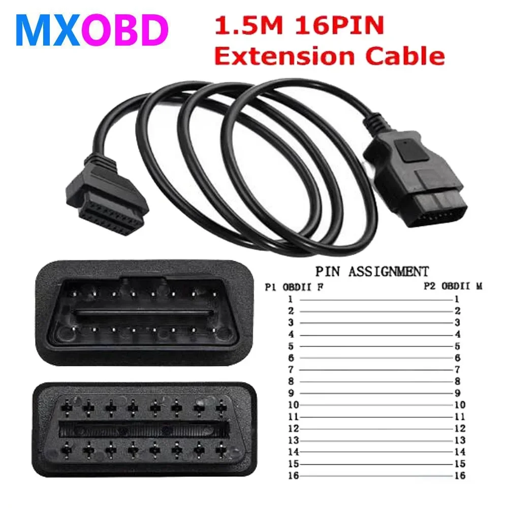 

150CM Male to Female Connector 16PIN OBD OBD2 Switch Car Diagnostic For ELM327 Flat OBDII 16PIN Cable Extension Adaptor