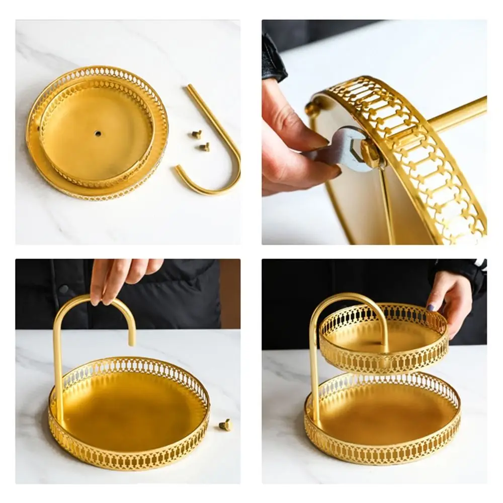 Wrought Iron Nordic Pastry Tray Gold Large Capacity Fruit Serving Tray Hollow Out Decorative 2 Tier Fruit Tray Kitchen 4