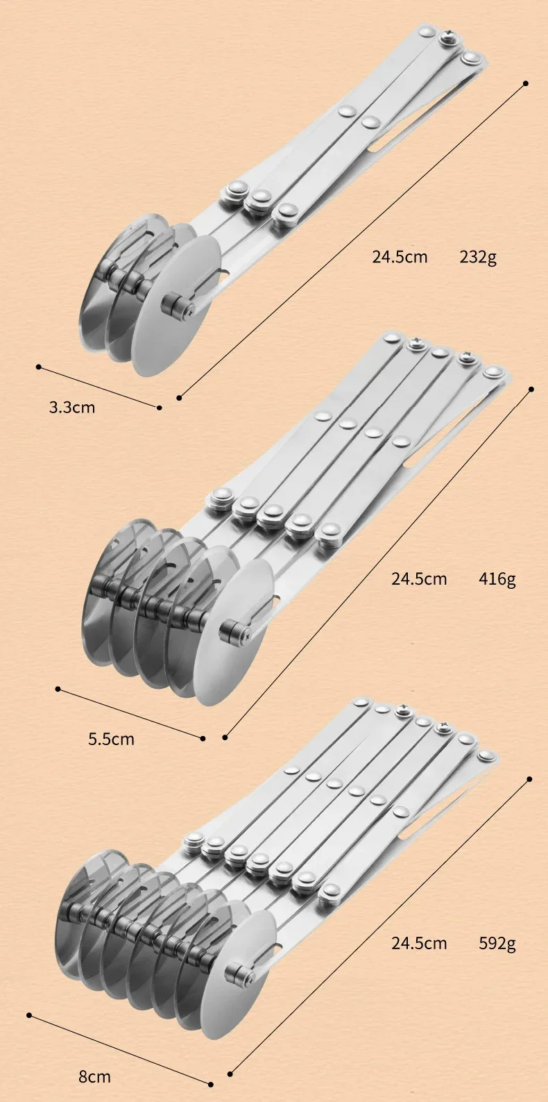 Description Picture 2 of item3/5/7 Wheel Cutter Dough Divider Dough Knife Flexible Roller Blade Pizza Pastry Peeler Stainless Steel Baking Pan Tool