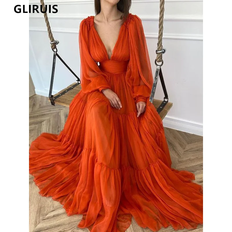 

Bright Orange Tulle Evening Dresses 2022 Deep V-Neck Pleat Ruched A-Line Formal Prom Party Gowns For Women Floor Length