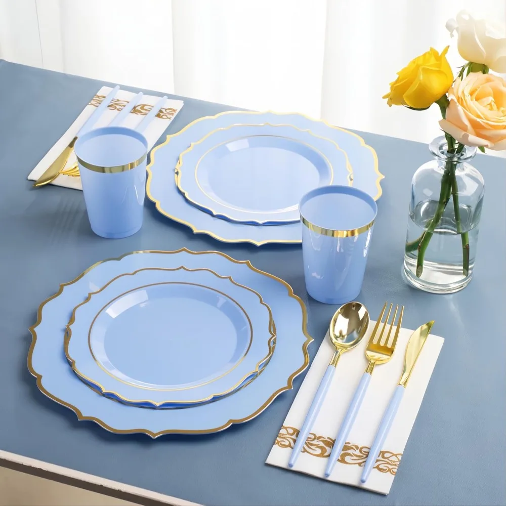 Disposable Plates &ndash; Wine Red Plastic Plates, Includes Dinner Plates, Dessert Cups, Plastic Silverware, & Napkins