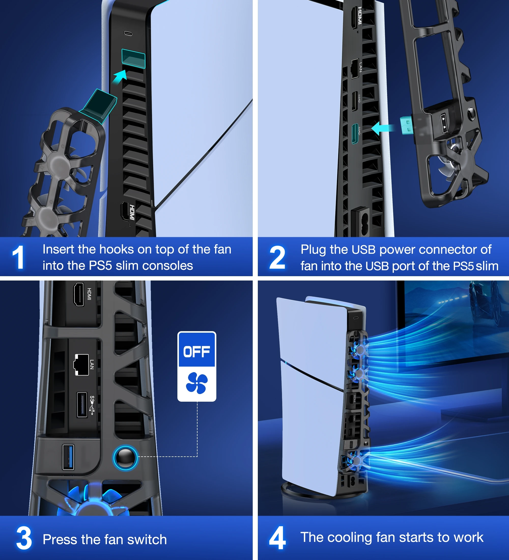 BEBONCOOL RGB 냉각 선풍기, PS5 슬림 디지털 및 디스크 버전용 임베디드 라디에이터, 플레이스테이션 5 슬림용, P1000