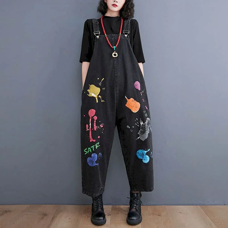

Denim Jumpsuits for Women Printed Streetwear Harem Pants Vintage One Piece Outfit Women Clothing High Street Loose Casual Romper