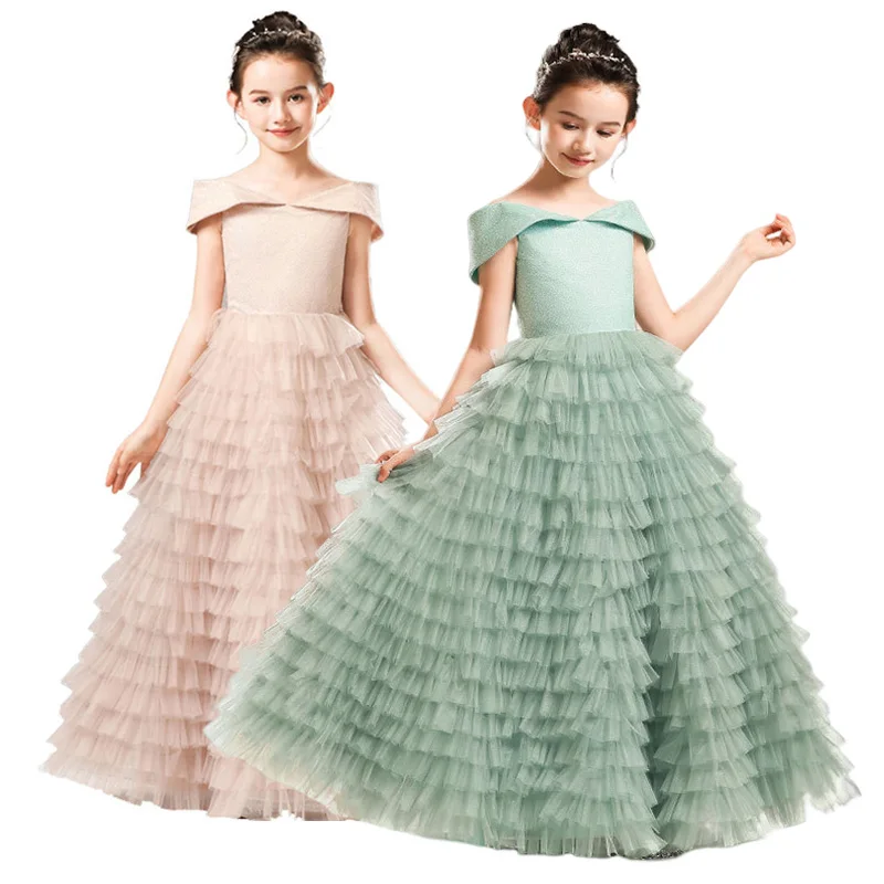 Kids tiered maxi dress - green w/ pink trimmings main image 1