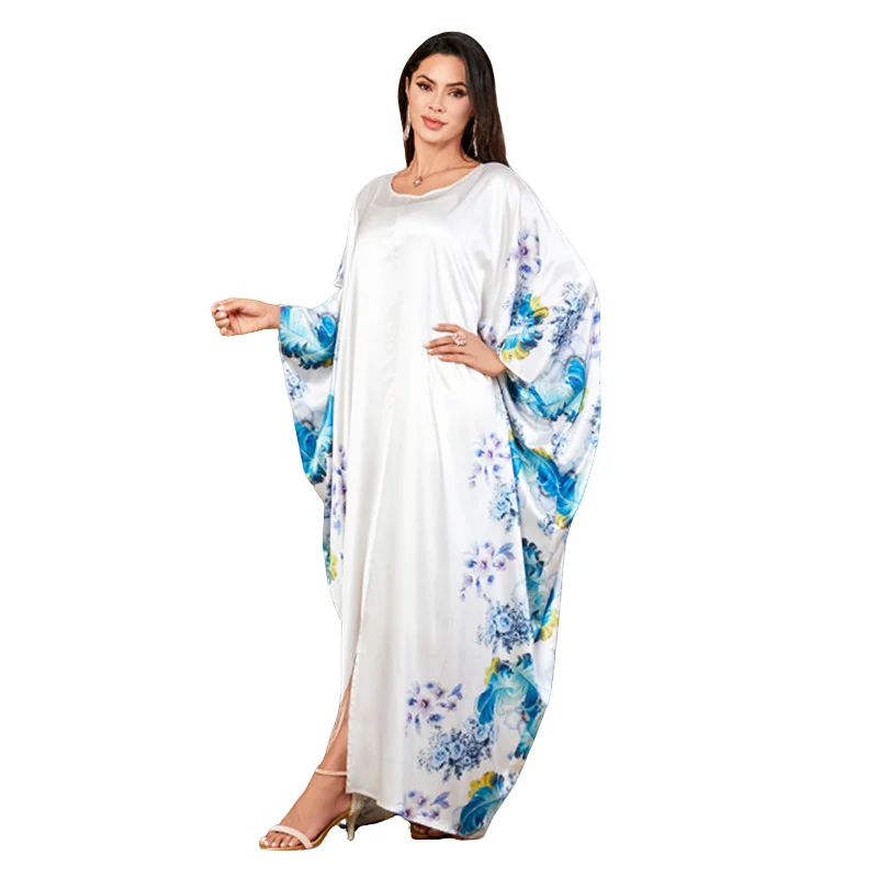 White Muslim Dress For Women Loose Turkey Woman Robe Batwing long Sleeve Dubai Pleated Casual Party Islamic Print Clothing