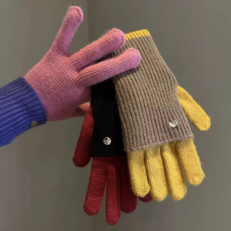 Winter Women's Exposed Finger Touch Screen Warm Long Short Dual-Use Cycling Student Color Blocked Knitted Yarn Gloves