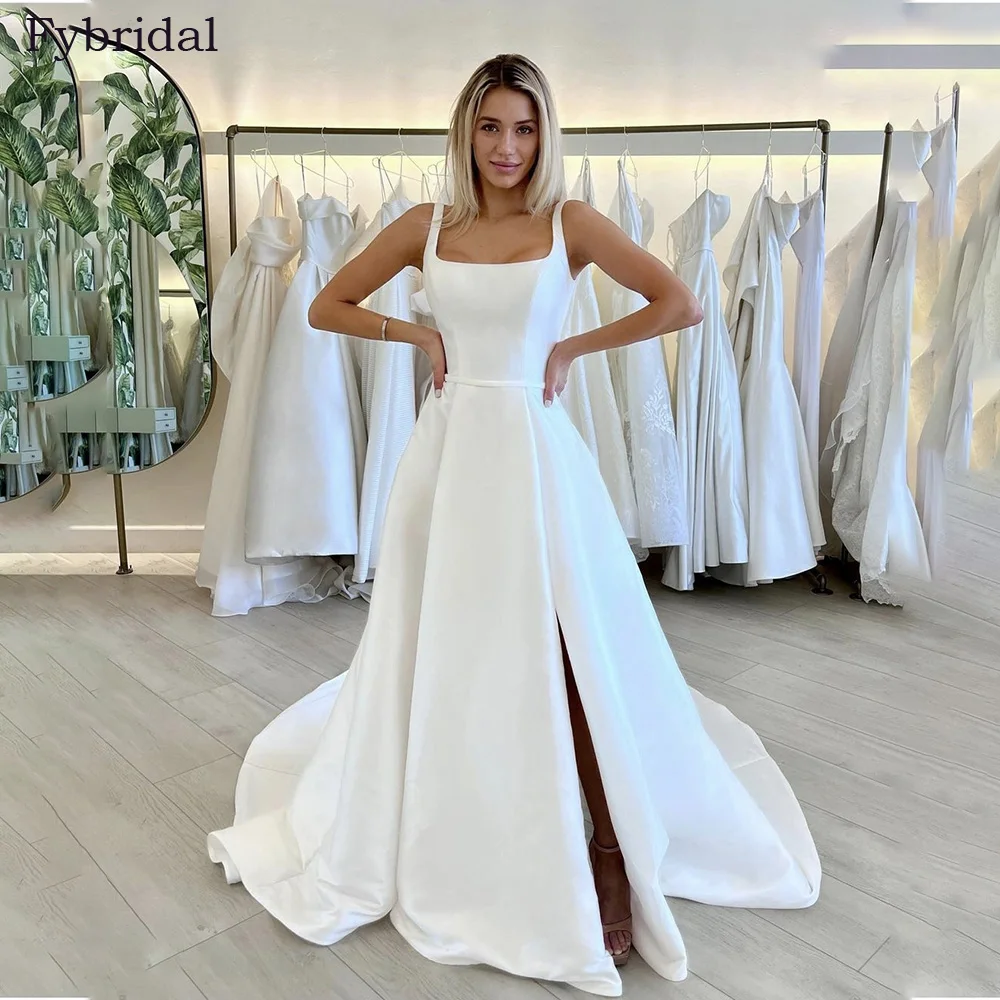 Simple A Line Wedding Dress Spaghetti Straps Square Collar Satin Backless Side Slit Bridal Gowns Vestidos De Novia Custom Made