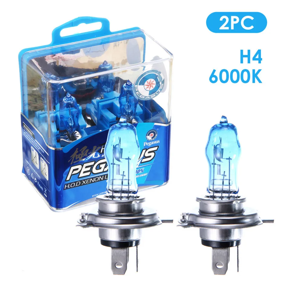 2 Pcs DC 12V H4 100W 6000K White Light Super Bright Car HOD Halogen Bulbs Auto Front Headlight Lamp External Lights for Cars