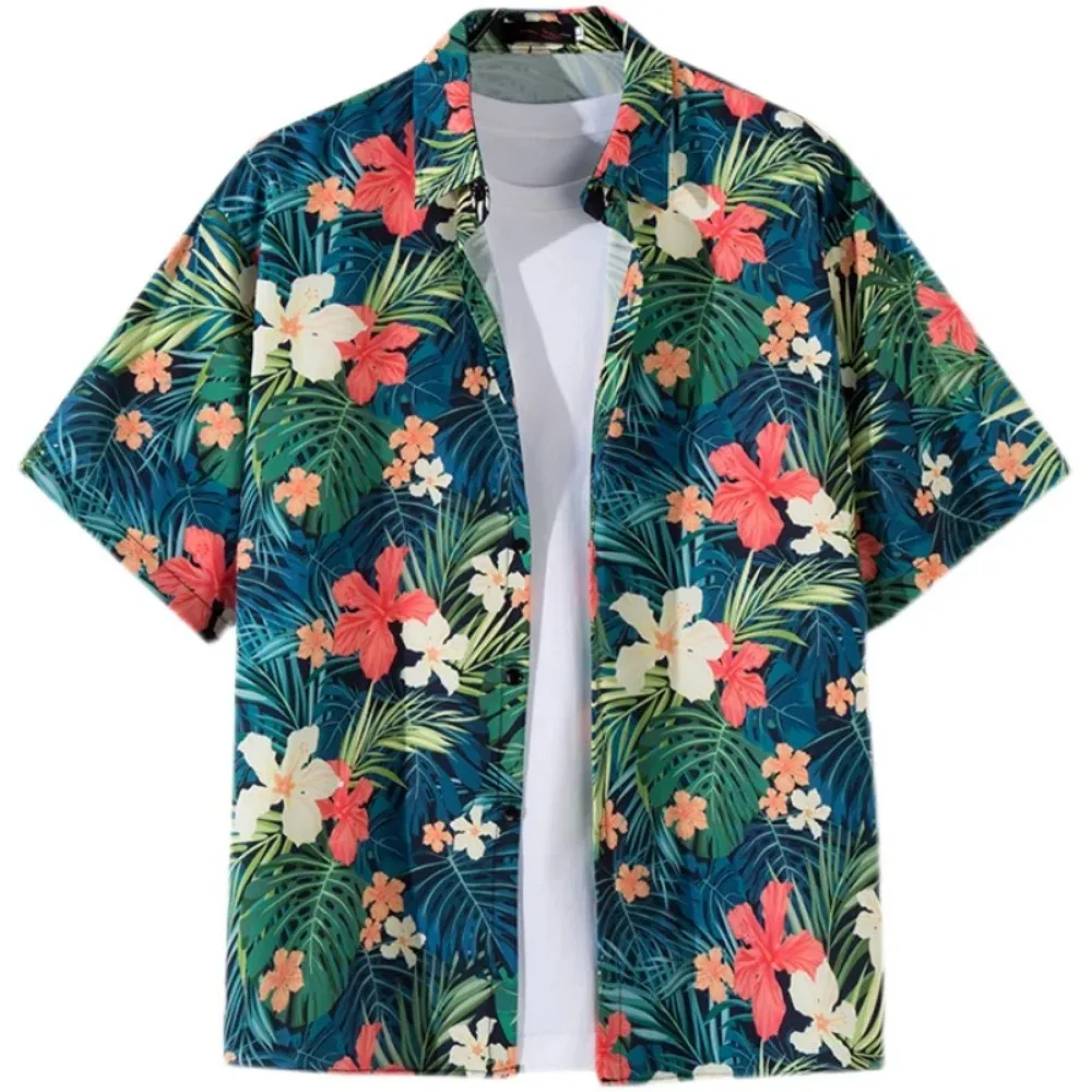 Retro Floral Short Sleeve Shirt Men Trendy Personalized Versatile Cool Five-point Sleeve Summer Hawaii Clothing Trend 5