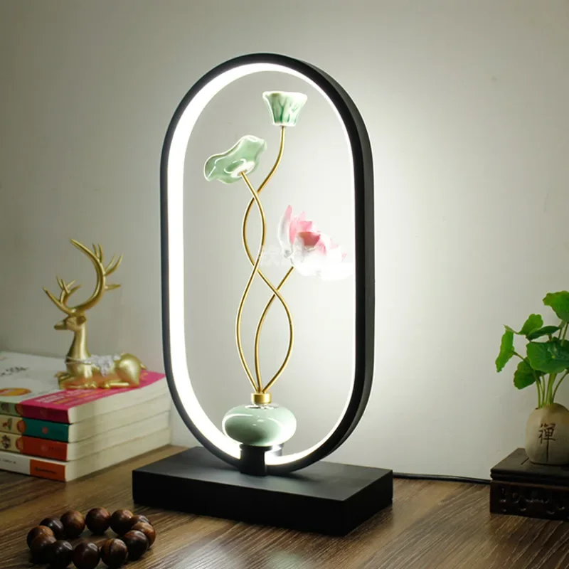 New Chinese Style Retro Table Lamp Lovers Creative Bedroom Bedside Desk Lamp Lotus Decoration Personality Intelligent Night