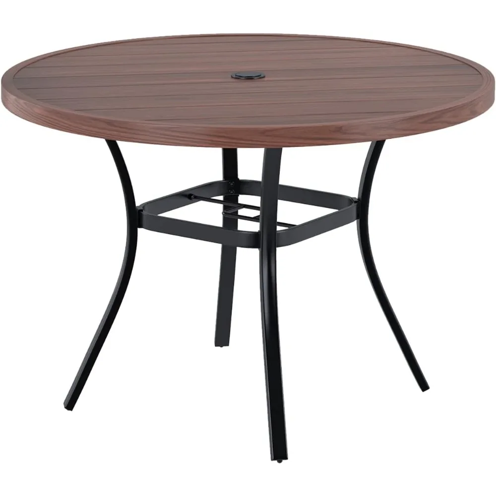 

Round Patio Table with Umbrella Hole, All Weather Metal Outdoor Round Table for Lawn Garden, 42"x 28" Walnut Wood-Like