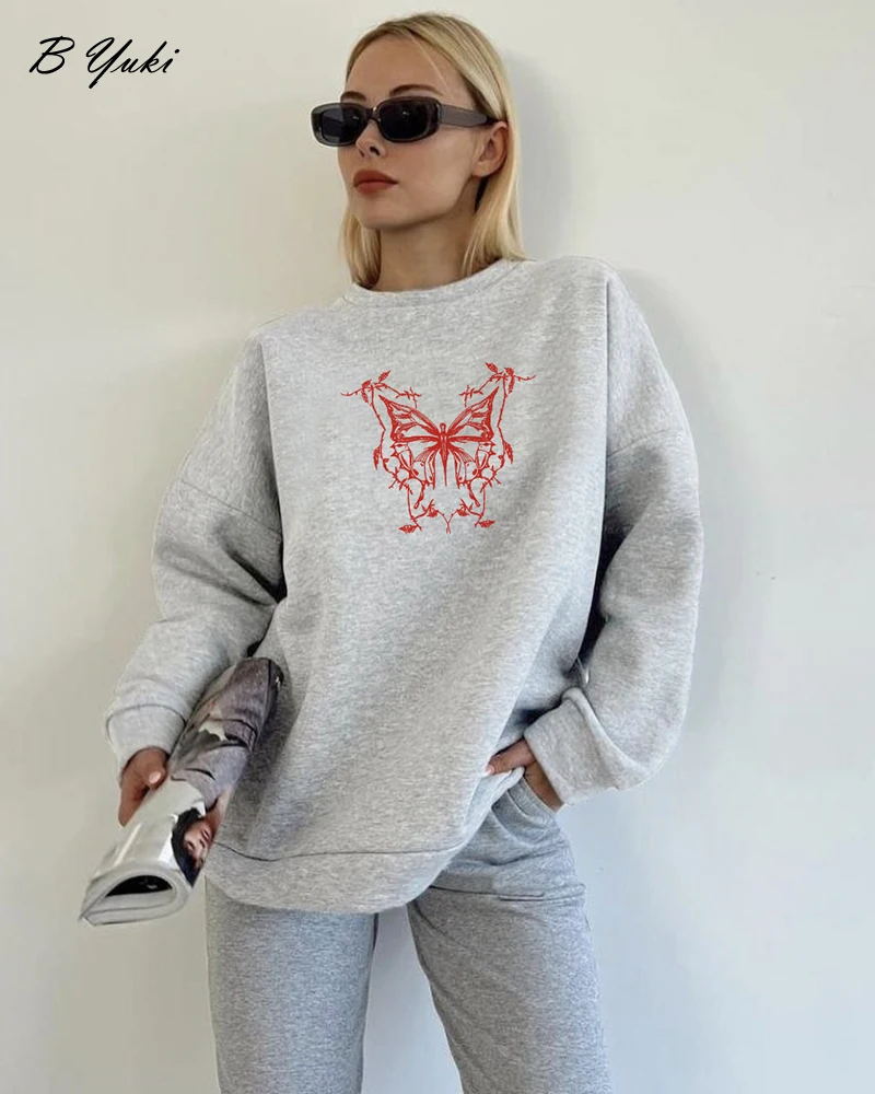 Blessyuki Butterfly Printed Hoodies for Women Oversized Cotton Vintage Y2k Sweatshirt Streewear Gothic Pullover Kpop Top Clothes