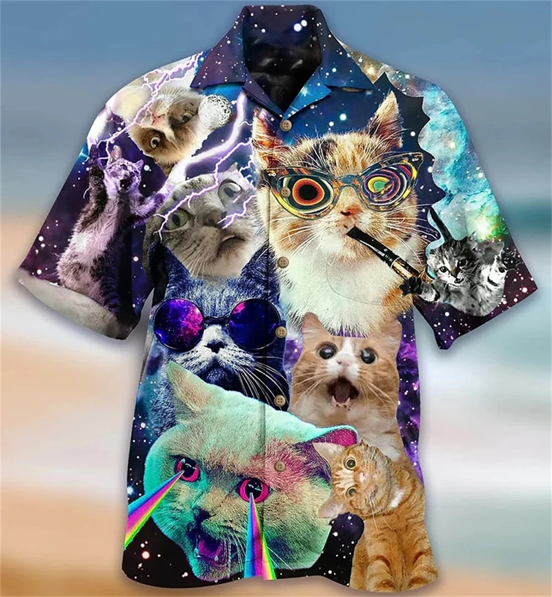 thumbnail image 1 of Camisa hawaiana divertida para hombre, sudadera playera con estampado de gato y música en 3D, camisa de manga corta de diseñador callejero, ropa para hombre de alta calidad, 1 of 4