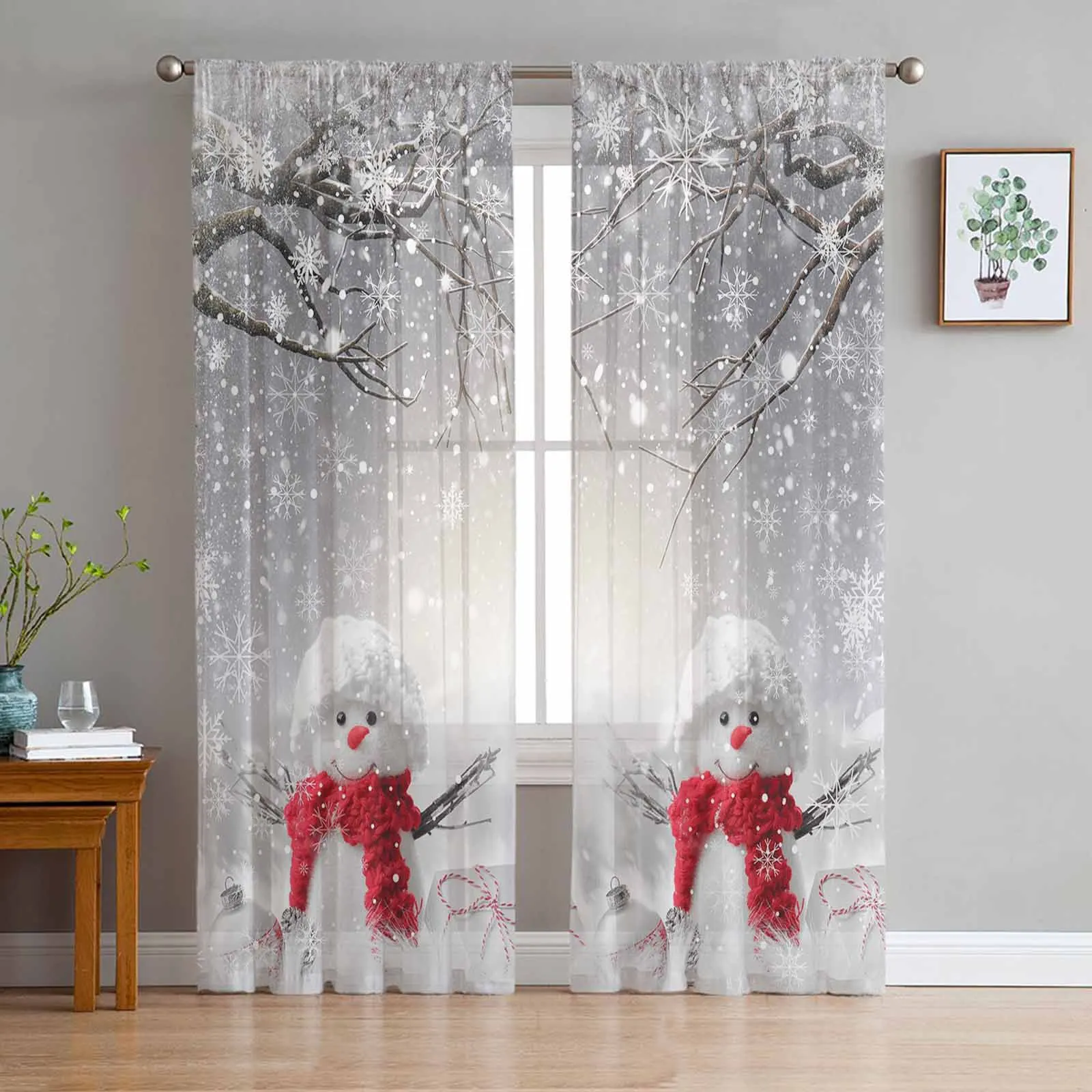 

Christmas Snowman Silver Fir Tree Tulle Curtain for Living Room Bedroom Christmas Decoration Window Voiles Tulle Curtain