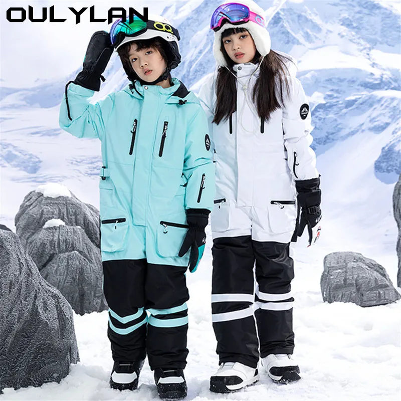 

Oulylan Children One-Piece Ski Suit Girls Boy Snowboarding Suit Thickened Warm Kids Ski Set Hooded Winter Wind Proof Waterproof