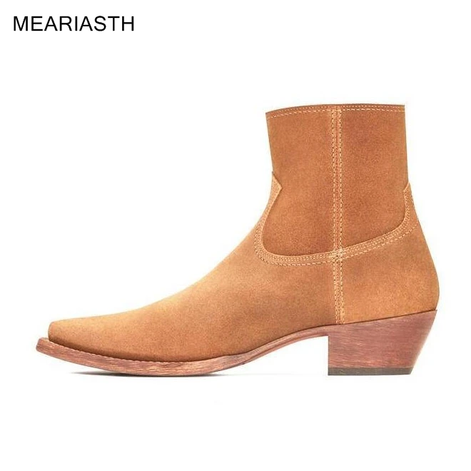 

Meariasth fashion Luxury Handmade Chelsea boots men real suede leather boots British Style zip up ankle shoes high top med heel
