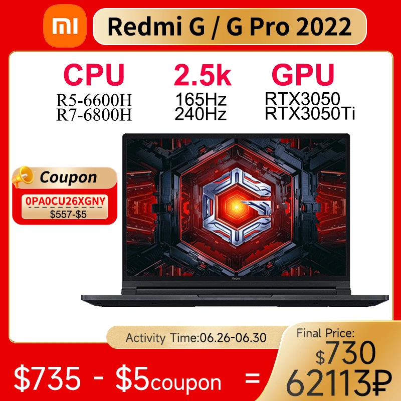 Xiaomi Redmi G Pro Gaming Laptop RTX3060 AMD Ryzen7 R7 6800H 16GB 512GB SSD Notebook ddr5 16 Inch 240Hz LCD Screen Computer 2022 1