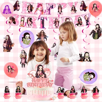 Nezuko Birthday Decorations,117pcs Decorations&Nezuko Party Tableware Set-Party Plates Tablecloth&Cake Topper Banner Balloons 2