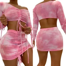 

Summer Women Two Pieces Sets Dresses Tie-dye Print V-neck Crop Tops + Stacked Mini Skirts Suits Sexy Night Club Party Tracksuits