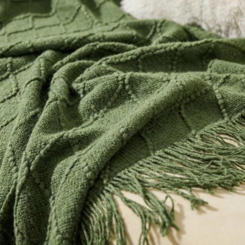 Cozy Army Green Knitted Tassel Throw Blanket - Stylish Home Decor & Gift Idea