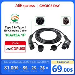 ISIGMA EV Charging Cable Type 1 to Type 2 J1172 to IEC62196-2 16A 3.6kw 32A 7.kw 240V for Ellectric Vehicles Charging