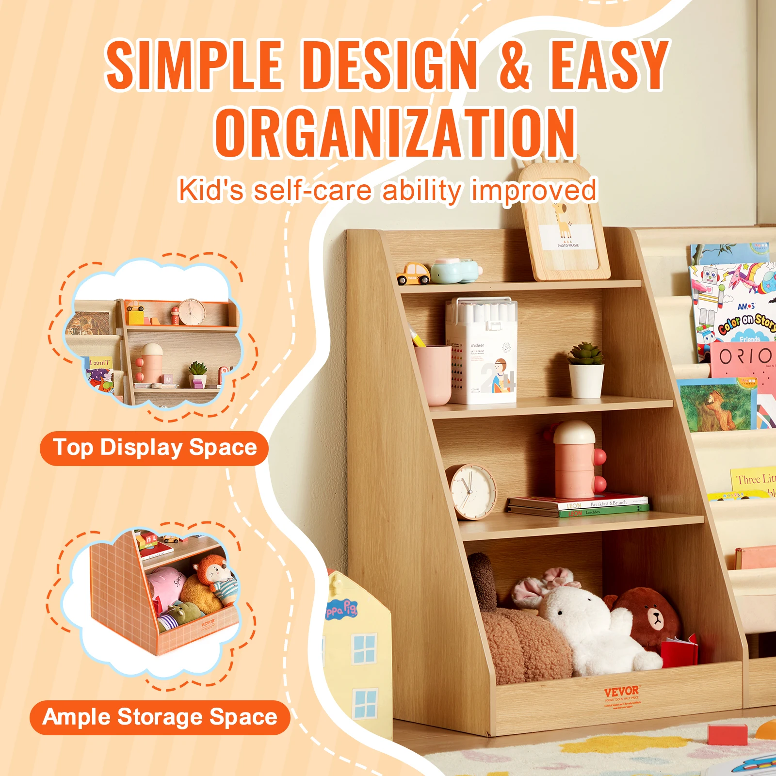 VEVOR 4-Tier Kids Wooden Bookshelf Six-Layer Sling Bookcase Baby Storage Book Rack for Kids Room Playroom Kindergarten Nursery 6