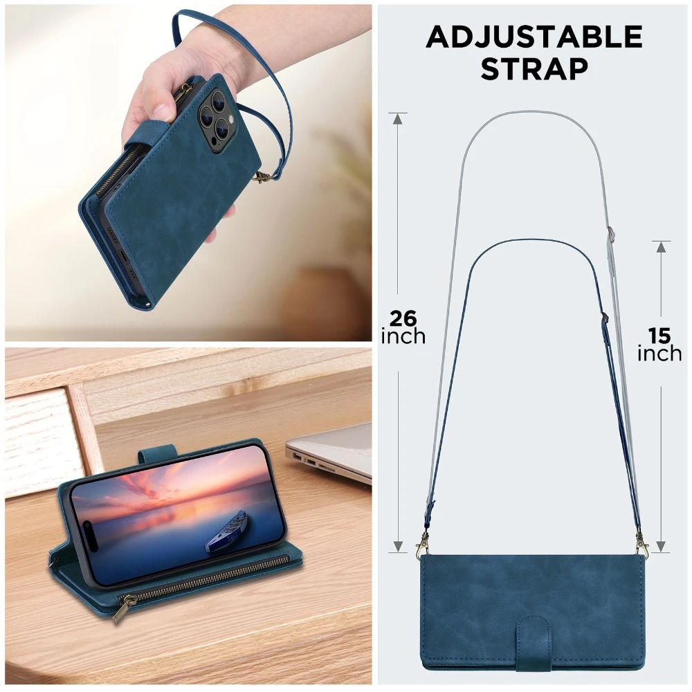 Crossbody Leather Wallet Phone Case with Strap and Stand Feature