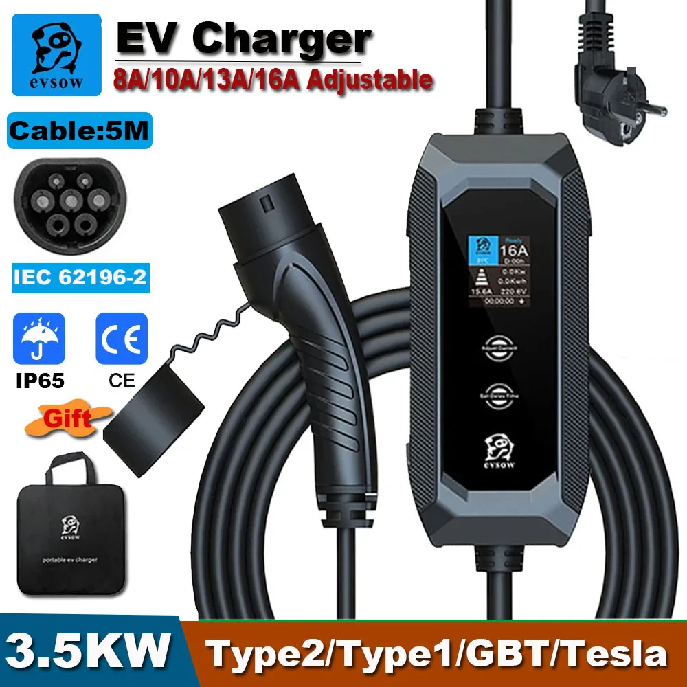 

evsow Portable EV Charger Type2 16A 3.5KW 1Phase Electric Car Charger 5m Charging Cable Type1 GBT Wallbox EVSE Charger Station