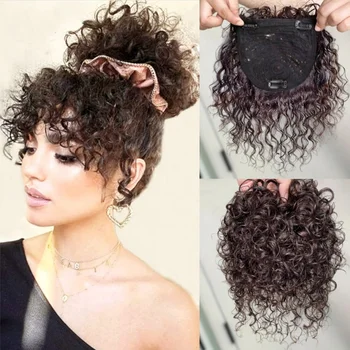 Topper per capelli umani ricci 13x14 cm con frangia Clip riccia corta soffice senza cuciture in pezzi di capelli Topper per donne con capelli diradati