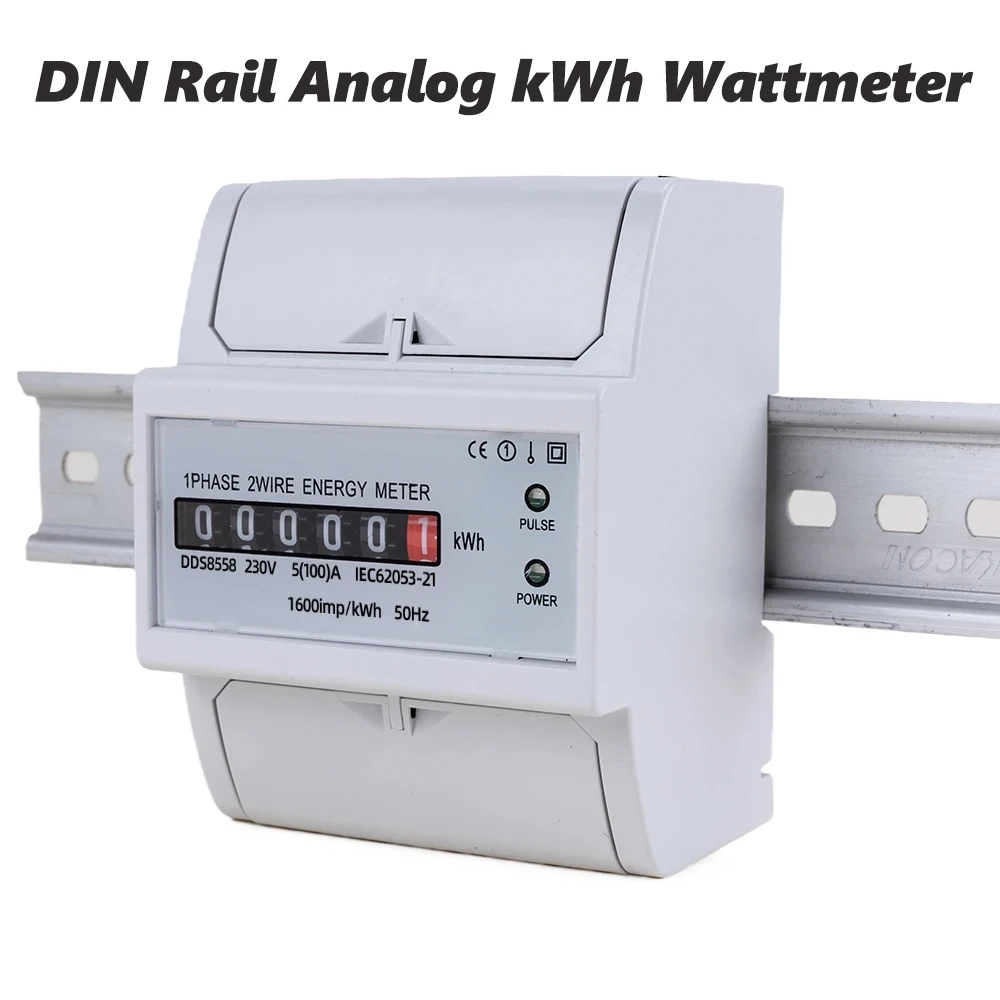 

Analog Din Rail Mount Single Phase Two Wire Power Consumption Watt Energy Meter kWh Wattmeter Counter 5(100)A 230V AC 50Hz