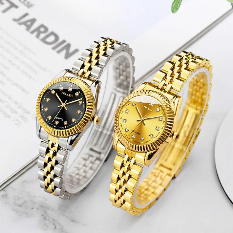 Women's gold inlaid diamond watch with calendar, women's water diamond business steel band quartz watch