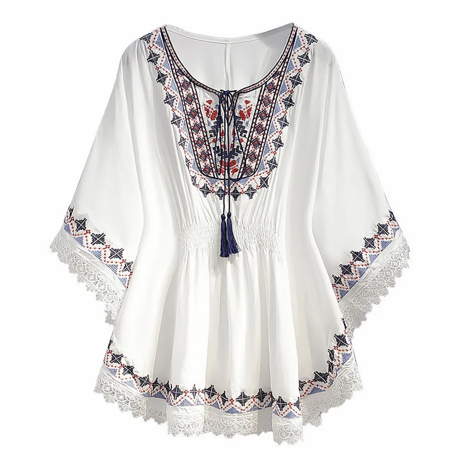 Bohemian Vintage Embroidered Batwing Sleeve Blouse