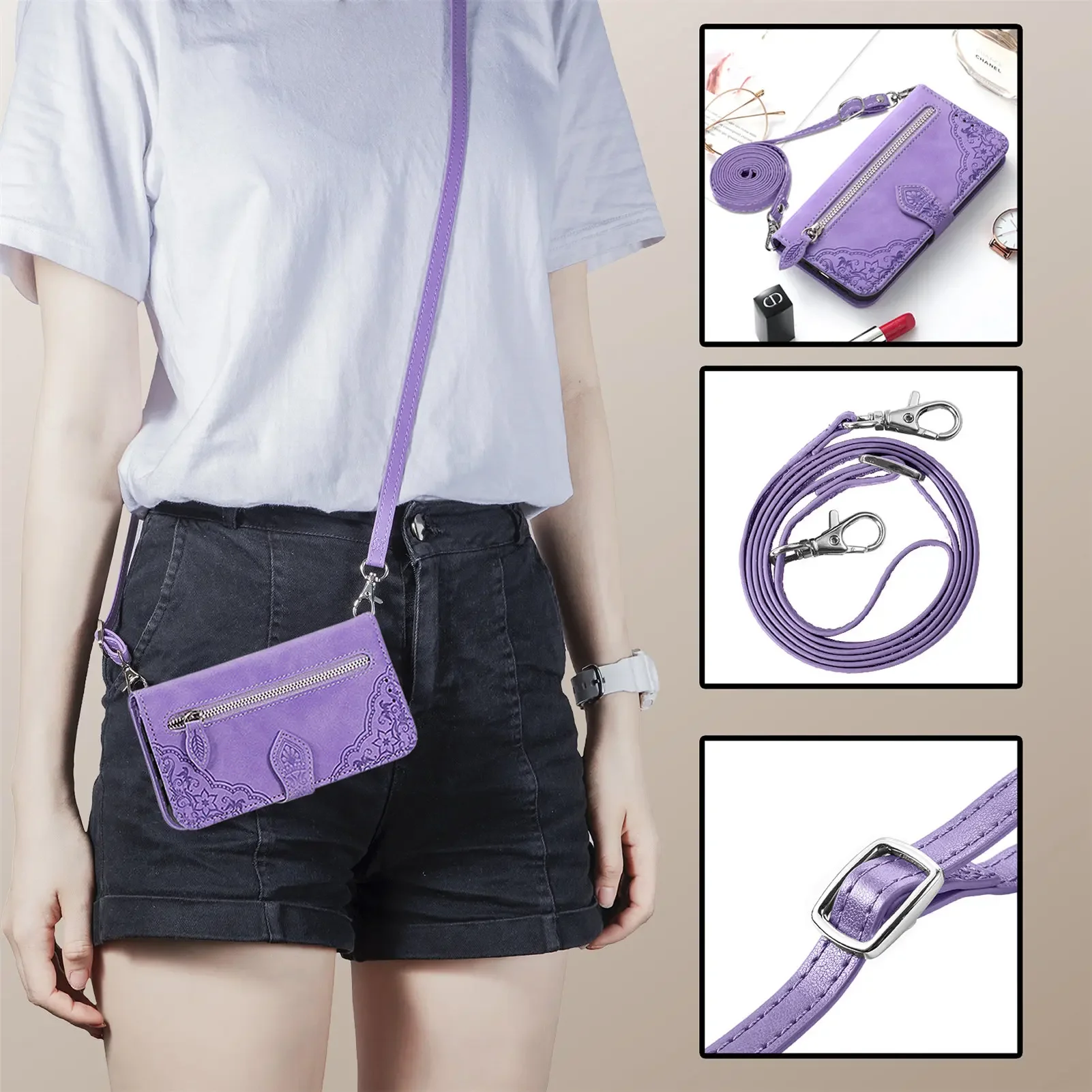 Leather Lanyard Zipper Wallet Crossbody Case