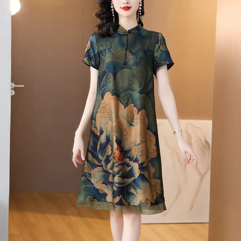 

2023 New Fashion Silk Printed Dress Women's Summer Versatile Improved Qipao Short Sleeve Loose Fit Casual Holiday Dress Vesidos