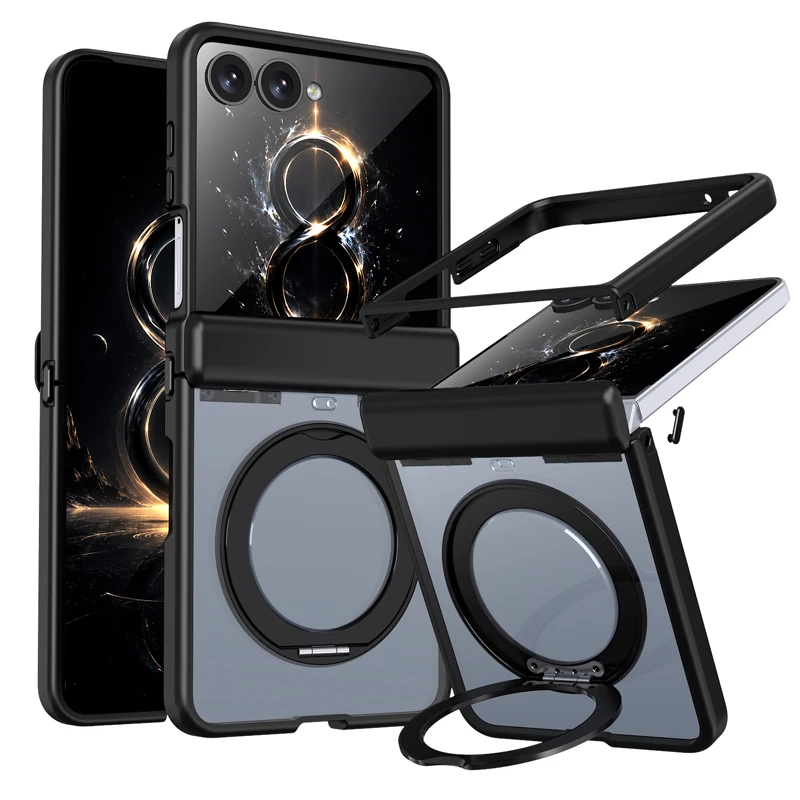 Shockproof Magnetic Transparent Protective Case with Folding Ring Stand and Hinge Protection