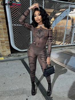 Weird Puss Sexy See Through Women 2 Piece Set Fashion Heart Print Slash Neck Bodysuit+Leggings Matching Midnight Clubwear Suit 2