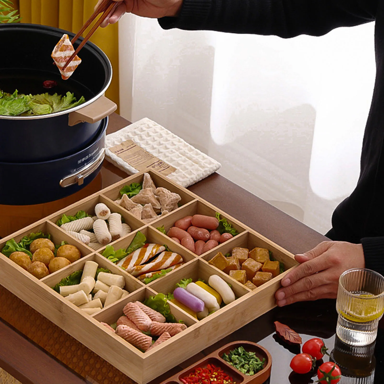 Multi Grid Divided Wooden Tray Multi-functional Snack Tableware Food Platter for Friend Family Neighbors Gift