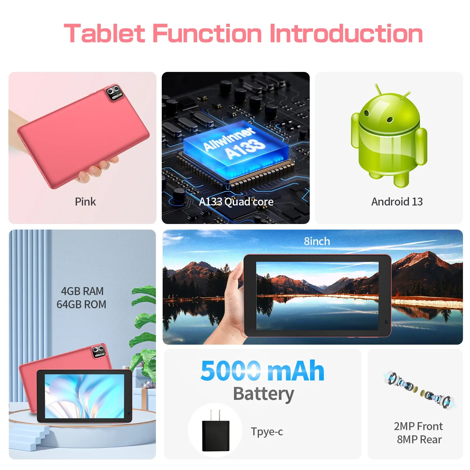 PRITOM 8 Inch Tablet Android 13, 8GB(4+4 Expand) RAM 64GB ROM,1TB