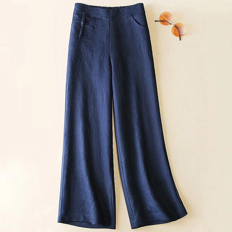 Linen  Straight  Elastic Waist  Solid  Button Decoration  Show Thin  Wide-legged Pants slacks Pants & Capris