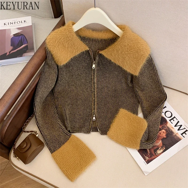 

Autumn/Winter New Korean Fashion Slim Spliced Sweater Women Slim Versatile Turn-down Collar Long Sleeve Cropped Knitted Cardigan