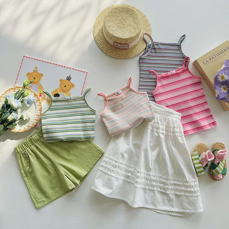 여아용 캐미솔 셔츠, 민소매 상의, 자수 탄성 포스, 캐주얼 스트라이프, 심플 2024, 스위트 러블리, 여름 조끼