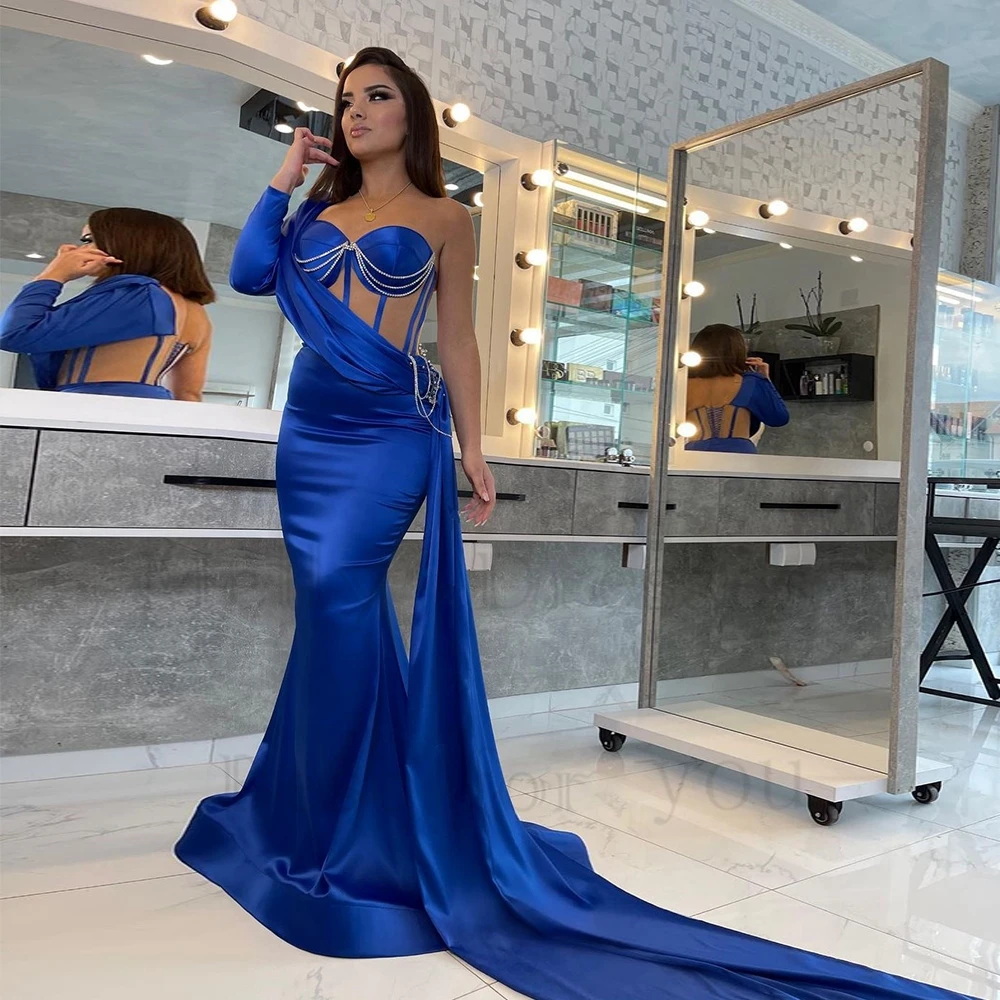 

2024 Royal Blue Mermaid Evening Dresses for Women 2024 Satin Full Sleeve Strapless Prom Gowns New Floor Length Robe De Soirée