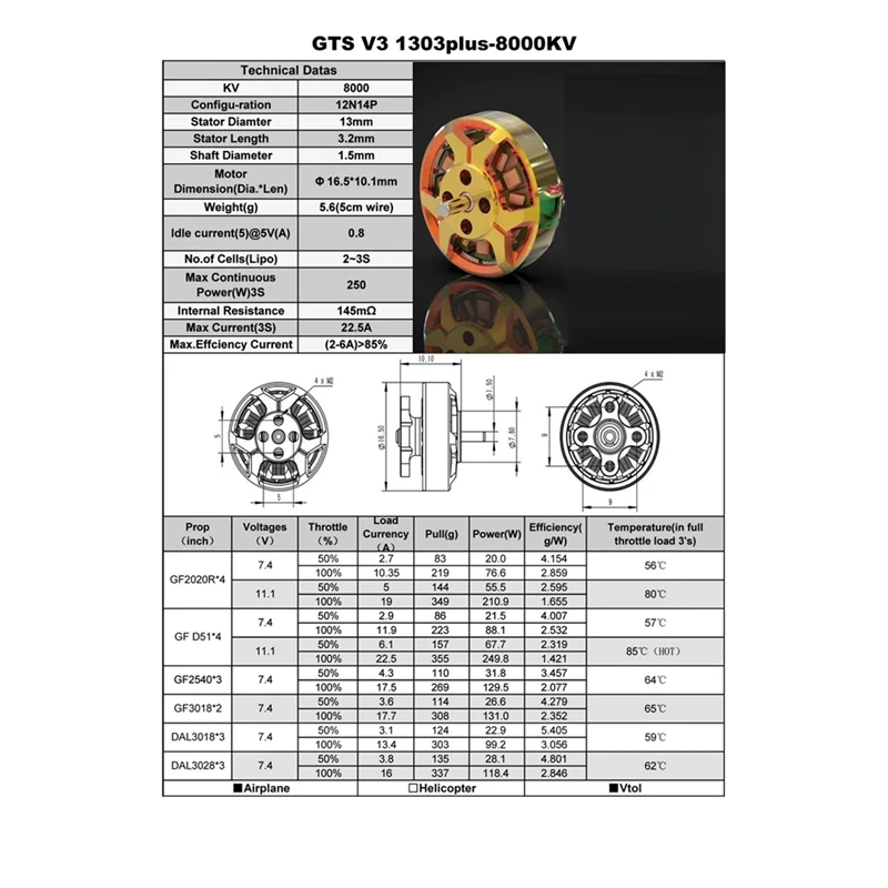 TA-V3 1303 Plus 브러시리스 모터 8000KV UAV 모터 (2인치 FPV 레이싱 드론 Cinewhoop용)