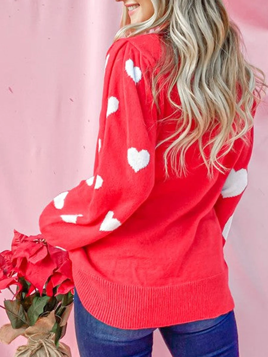 Valentine s Day Women s Heart Print Knit Sweater with Mock Neck and Long Sleeves - Cozy Pullover for Fall and Winter Casual