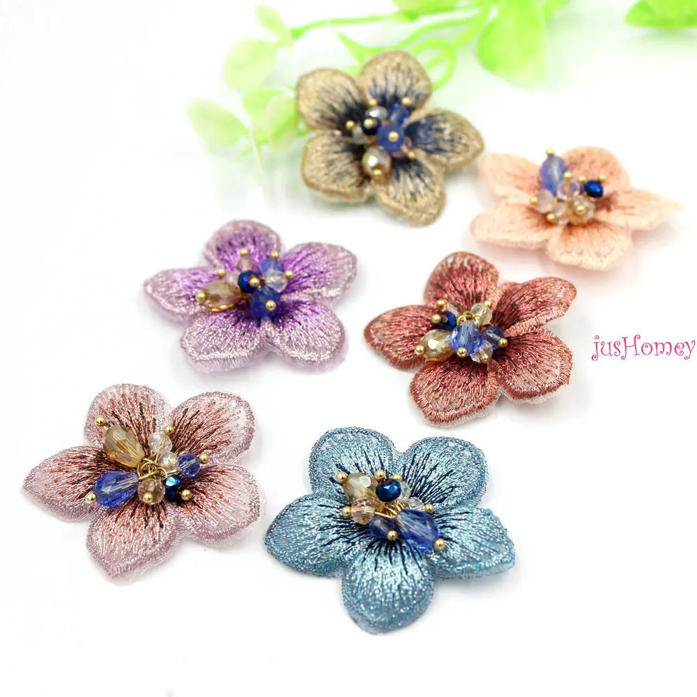 

20PCS Embroidery Five Petals Flower 3D Appliques with Glass Beads DIY Accessories 40mm/35mm for Party Decor, Doll Embellishment