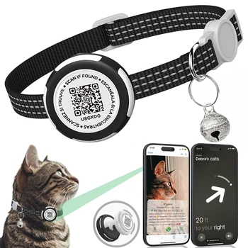 Collar de gato con rastreador GPS, estuche Airtag y etiqueta de identificación QR, Collar reflectante de doble protección para gatos, Gatos, cachorros, etiqueta de aire para gatos