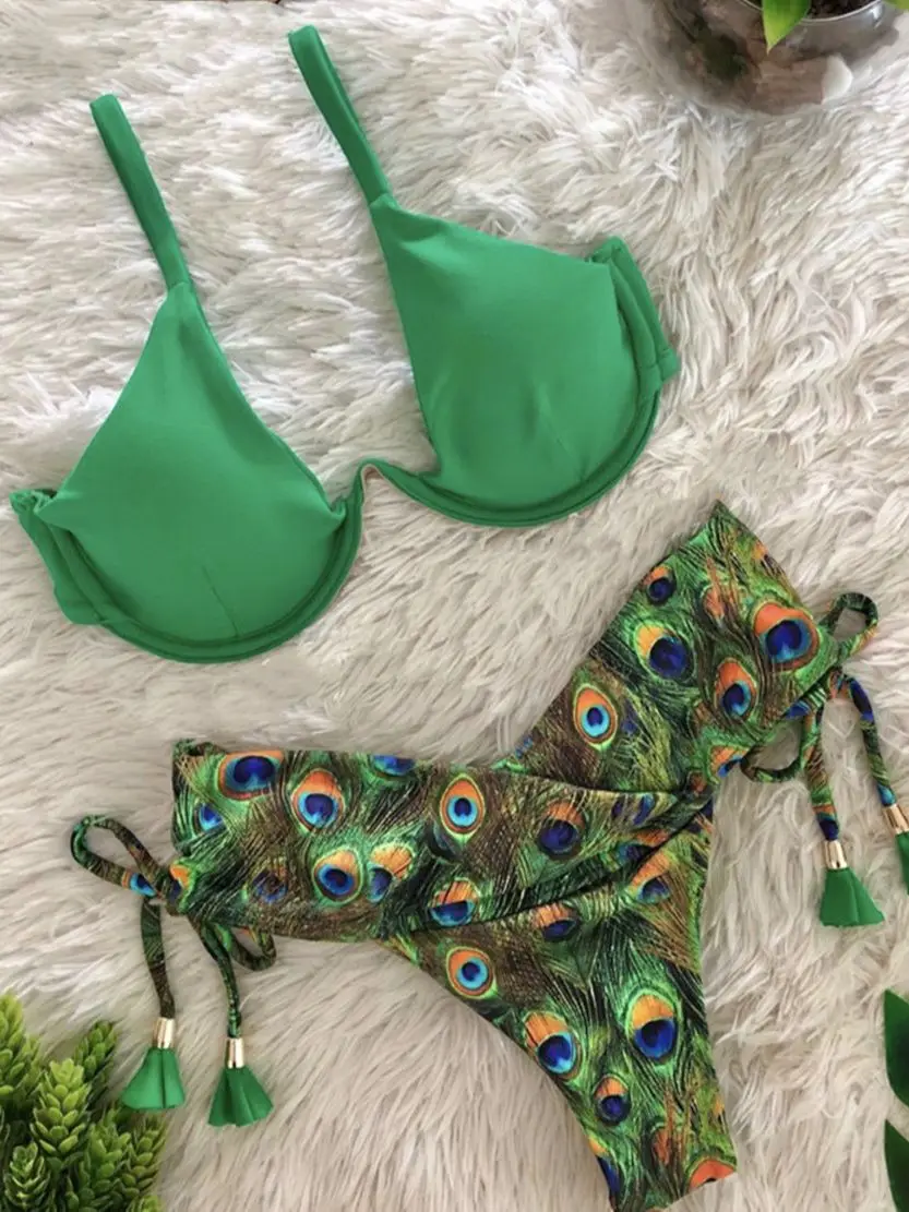 Peacock Print Reversible Bikini Sets Women Sexy Thong Two Pieces Swimsuits 2022 Girl Halter Beach Bathing Suits Swimwear